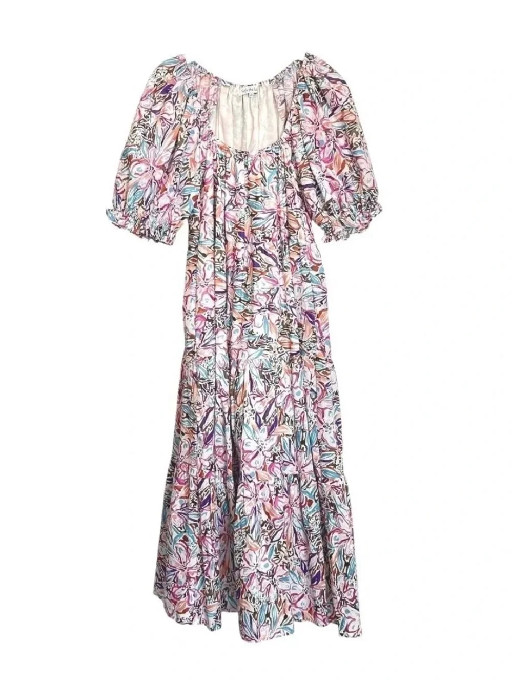 Sofie the Label Puff-Sleeve Tiered Midi Dress Pink Multi Boho Floral Large - Picture 2 of 9